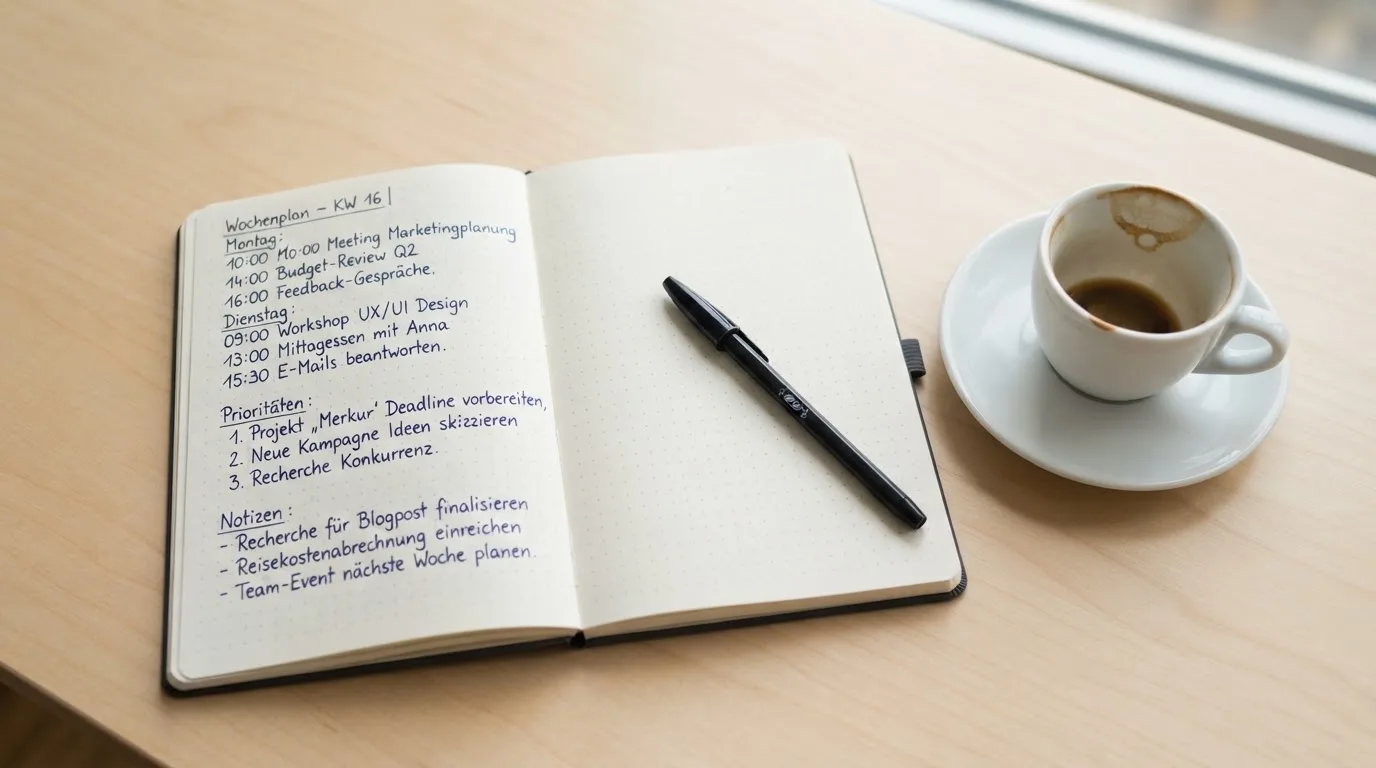 Ein aufgeschlagenes Notizbuch mit handschriftlichen Notizen und ein Kugelschreiber liegen auf einem hellen Schreibtisch neben einer Kaffeetasse.