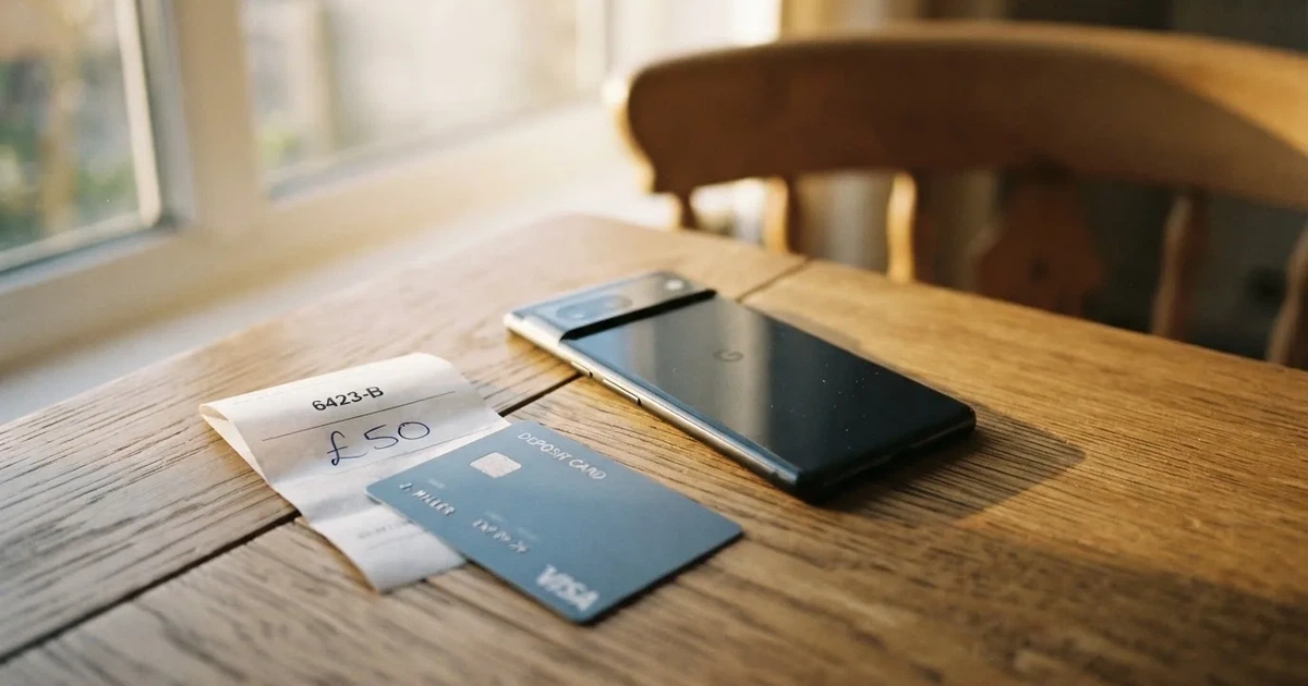 Ein Smartphone liegt mit dem Display nach unten auf einem Holztisch, daneben ein paar Euro-Münzen und eine unbeschriftete Plastikkarte im Morgenlicht.
