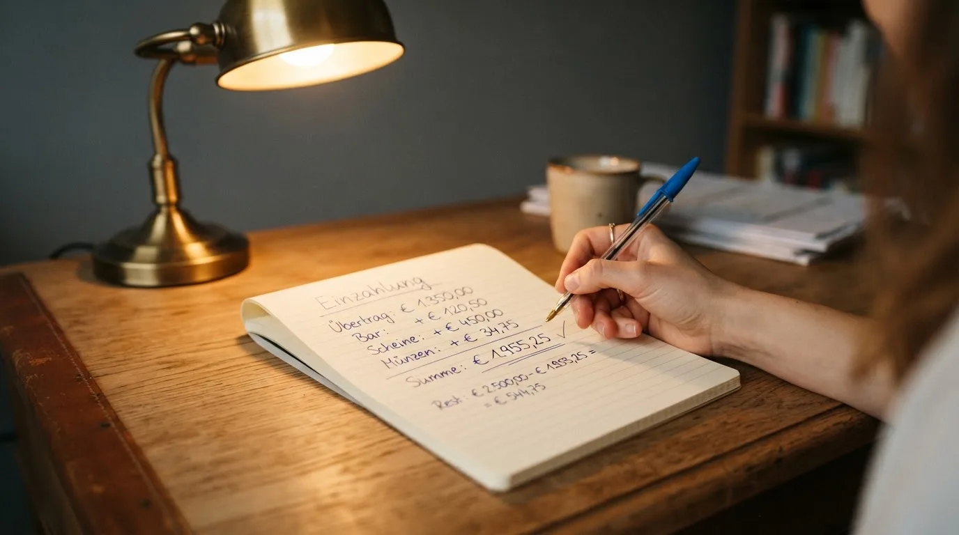 Ein Taschenrechner und ein Blatt Papier mit handschriftlichen Notizen liegen auf einem Schreibtisch unter dem warmen Licht einer Lampe.