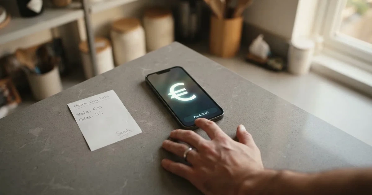 Eine Hand legt ein paar Münzen neben ein umgedrehtes Smartphone auf eine graue Tischplatte, dahinter verschwommen ein Küchenregal.