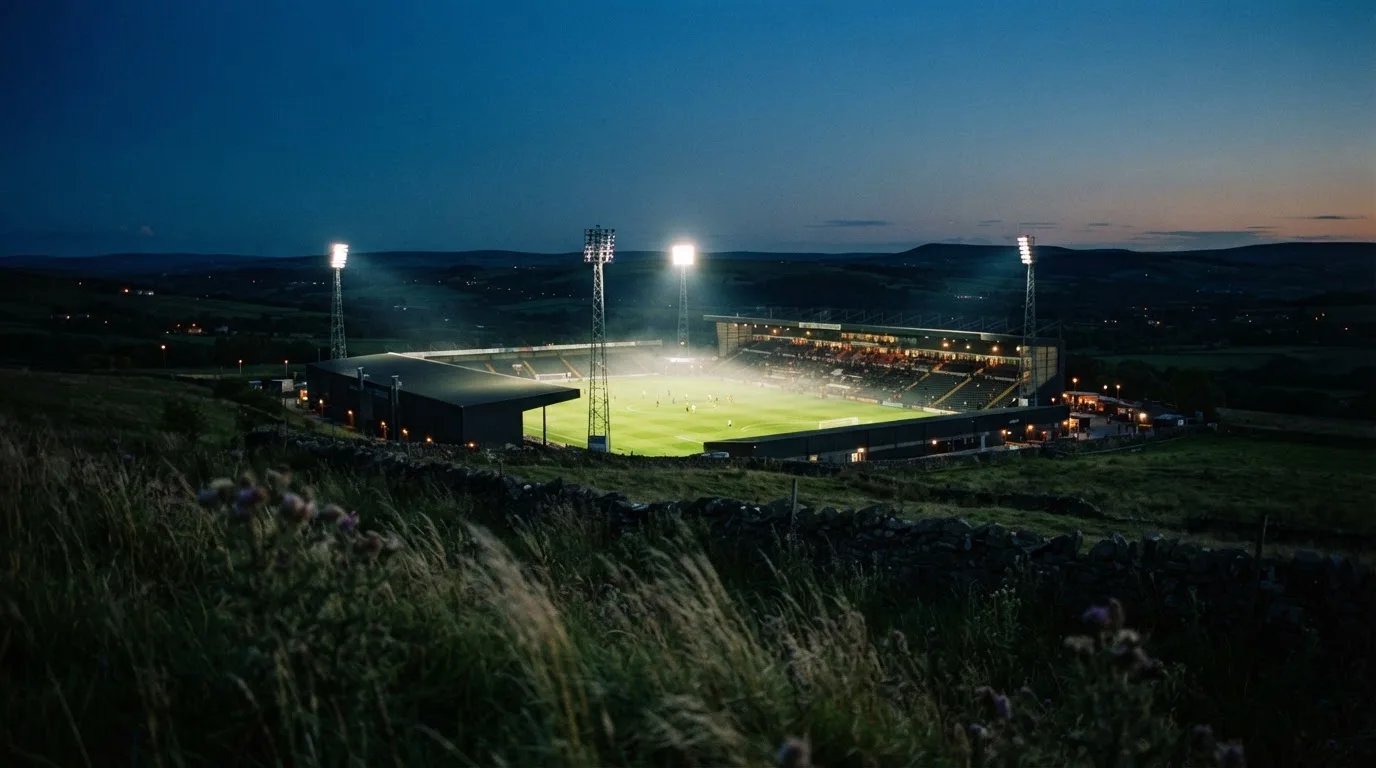 Ein Stadion unter Flutlicht bei Nacht, von einem Hügel aus der Ferne betrachtet, mit Dunst über dem Spielfeld.