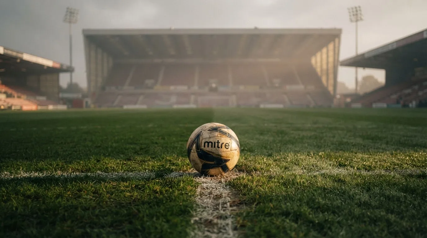 Ein Fußball liegt auf dem Elfmeterpunkt eines leeren Rasenplatzes, im Hintergrund eine Tribüne im Dunst.