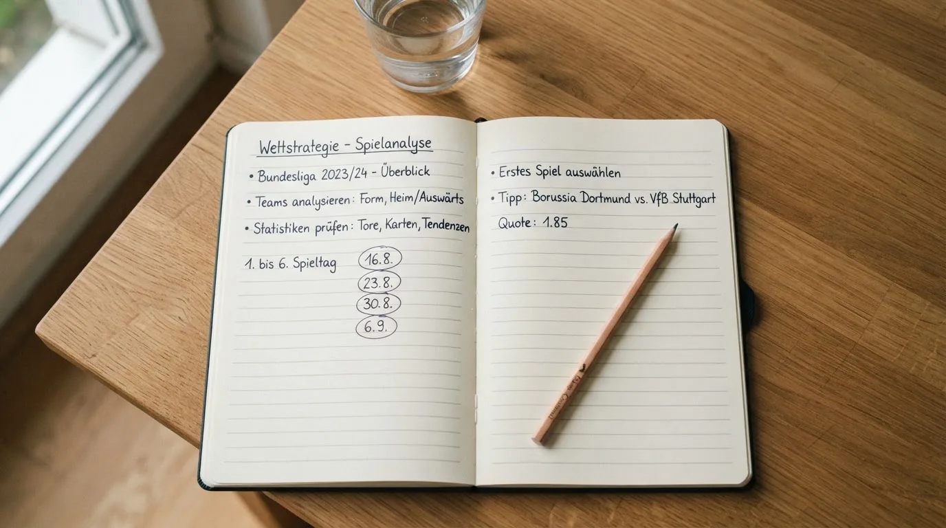 Ein aufgeschlagenes Heft mit handschriftlichen Notizen und ein Bleistift liegen auf einem Schreibtisch, daneben ein Glas Wasser.