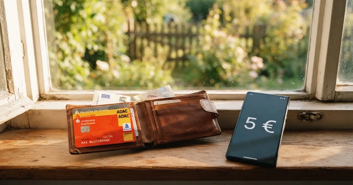 Eine Geldbörse aus Leder liegt geöffnet neben einem Smartphone auf einer Fensterbank, im Hintergrund ein Garten im Gegenlicht.