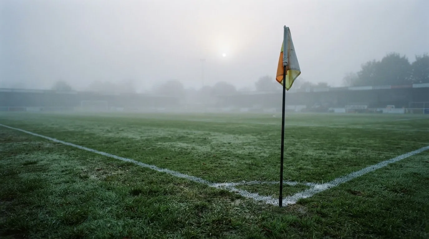 Der Rand eines Spielfelds mit weißer Linie und Eckfahne bei Nebel am frühen Morgen, ohne Menschen.