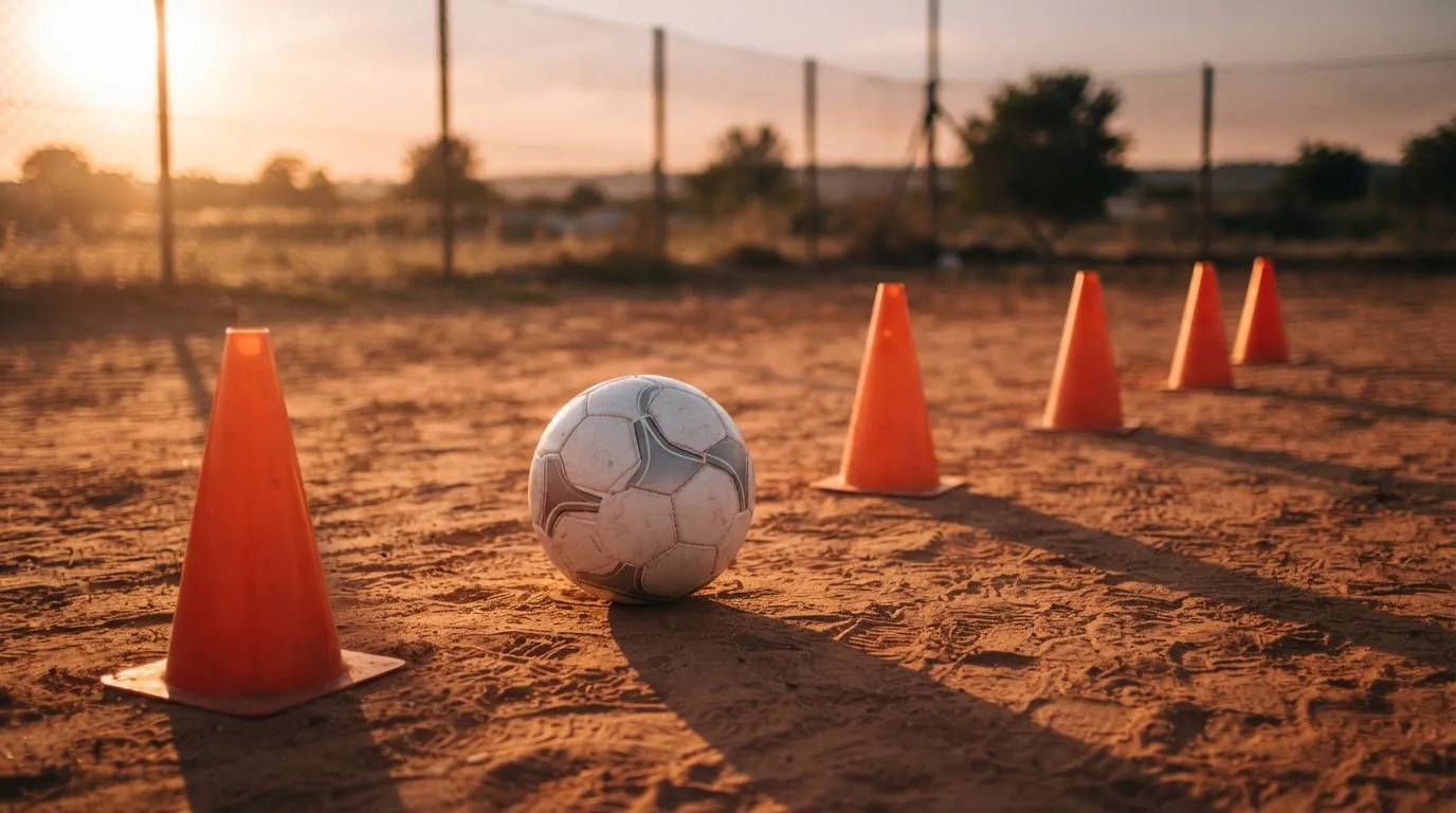 Ein Fußball auf rotem Sandboden neben einer Reihe Hütchen auf einem Trainingsplatz bei untergehender Sonne.