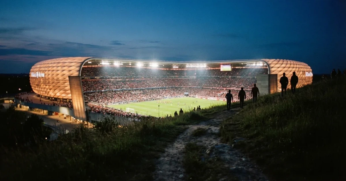 Ein Fußballstadion unter Flutlicht mit hellen Rängen, von einem Hügel aus gesehen, darüber ein dunkelblauer Abendhimmel.