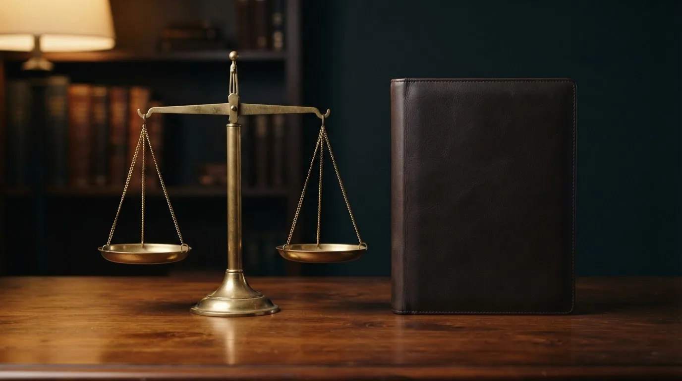 Eine Waage aus Messing und ein geschlossener Aktenordner ohne Beschriftung stehen auf einem polierten Schreibtisch.