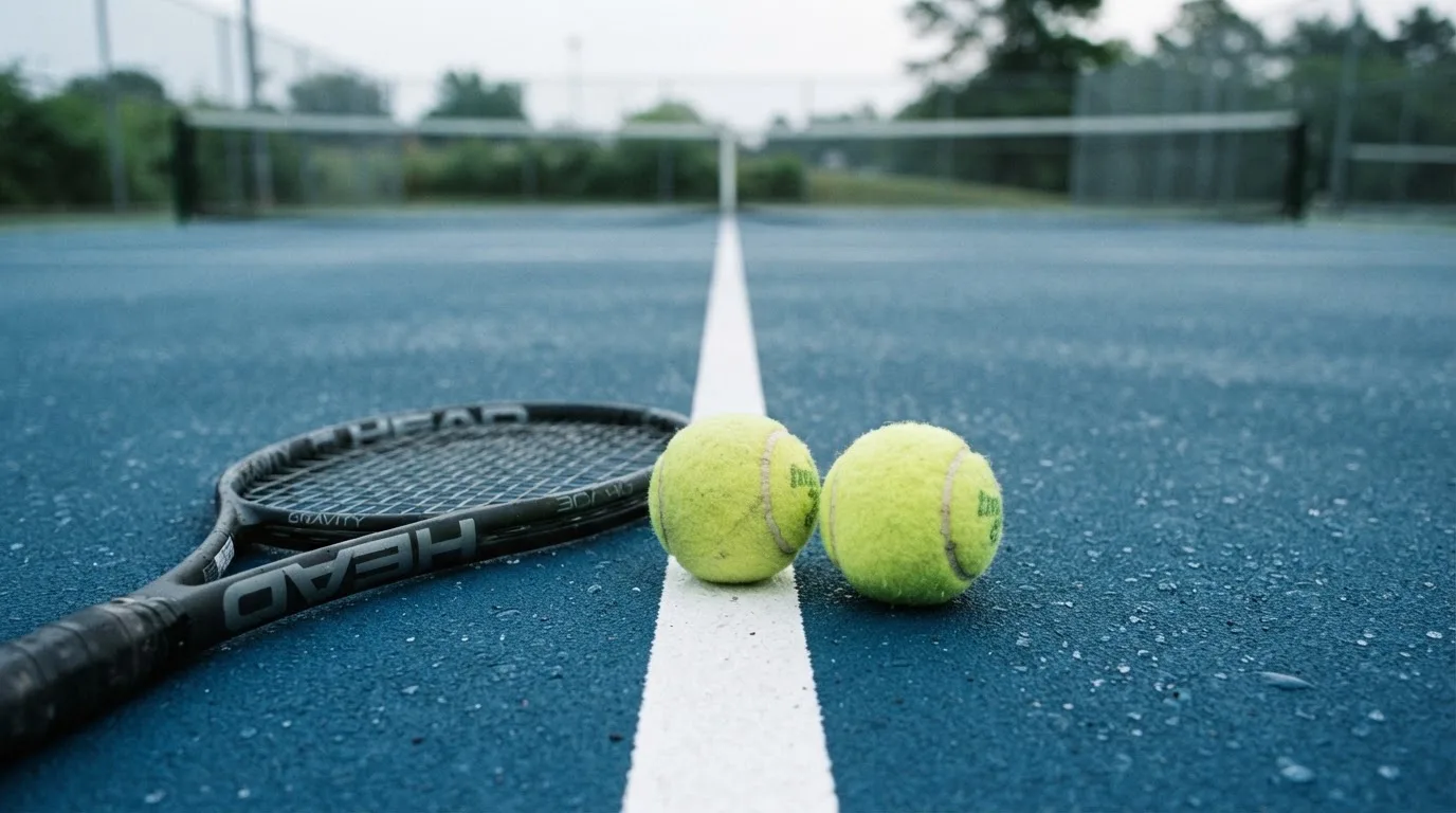 Zwei Tennisbälle und ein Schläger liegen auf der Grundlinie eines Hartplatzes, kleine Wassertropfen glänzen auf dem Belag.