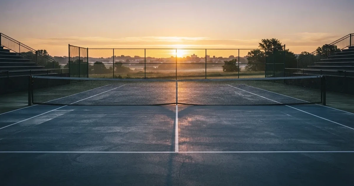 Ein leerer Tennisplatz mit Hartplatzbelag in der Morgendämmerung, das Netz im Gegenlicht und lange Schatten der Linien.