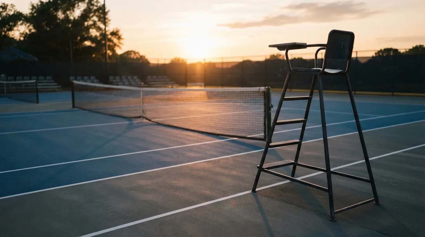 Ein leerer Schiedsrichterstuhl am Spielfeldrand eines Tennisplatzes im Abendlicht, lange Schatten auf dem Belag.