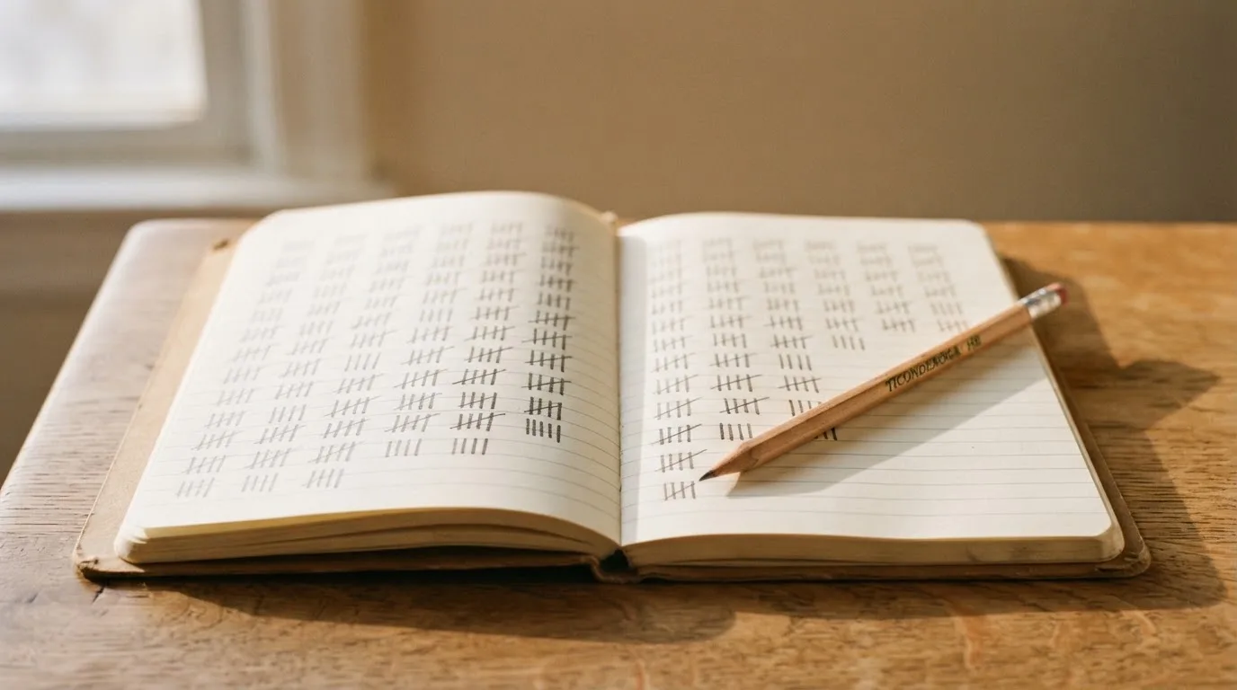 Ein handschriftlich geführtes Heft mit Strichlisten liegt neben einem Bleistift auf einem Tisch, seitlich fällt Tageslicht herein.