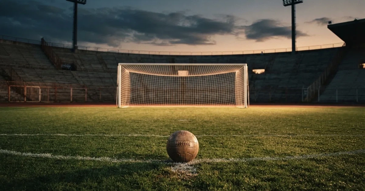 Ein Fußball liegt im Strafraum direkt vor dem Tor mit Netz, im Hintergrund leere Ränge bei Dämmerung.