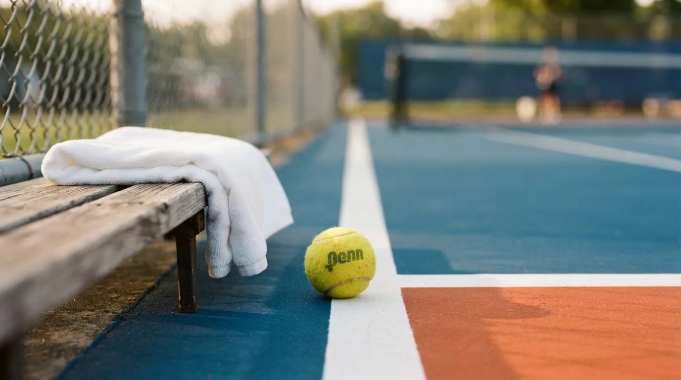 Ein gelber Tennisball liegt auf einer weißen Linie, daneben ein Handtuch auf einer Bank am Spielfeldrand.