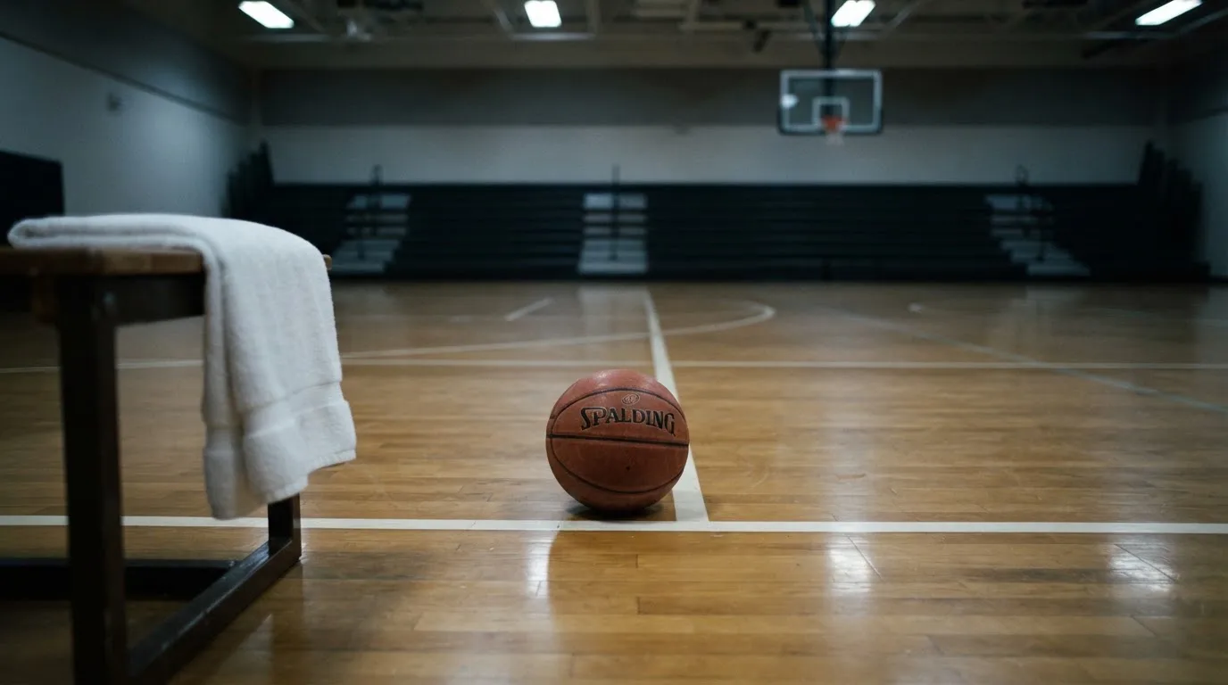 Ein Basketball liegt auf der Freiwurflinie einer Halle, im Vordergrund ein Handtuch auf einer Bank.