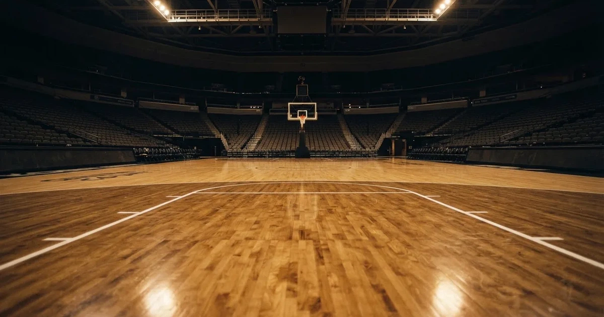 Eine leere Basketballhalle mit glänzendem Parkett und einem Korb im Hintergrund, Licht von Deckenstrahlern spiegelt sich im Boden.