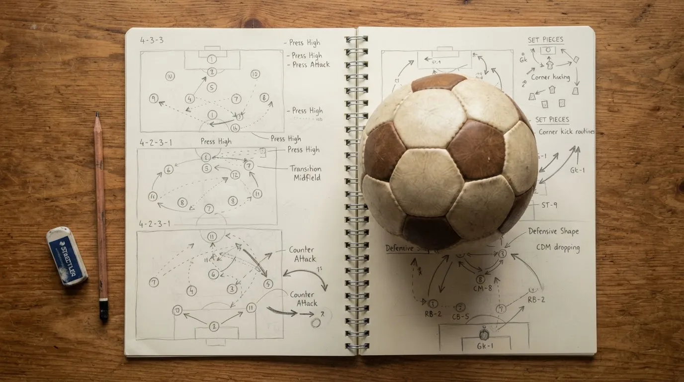 Ein Fußball liegt auf einem Notizbuch mit handgezeichneten Skizzen von Spielzügen, aufgenommen von oben auf einem Holztisch.