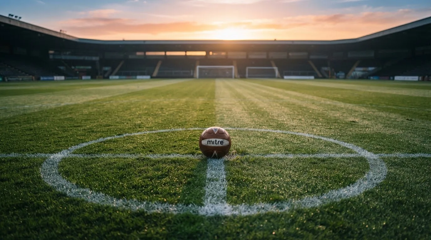Ein Fußball liegt auf dem Anstoßpunkt eines Rasens bei Sonnenaufgang, Tau glitzert auf den Halmen.