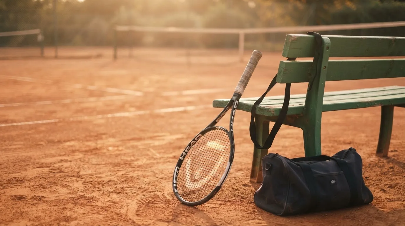 Ein Tennisschläger lehnt an einer Bank neben einer Sporttasche, im Hintergrund ein leerer Platz.