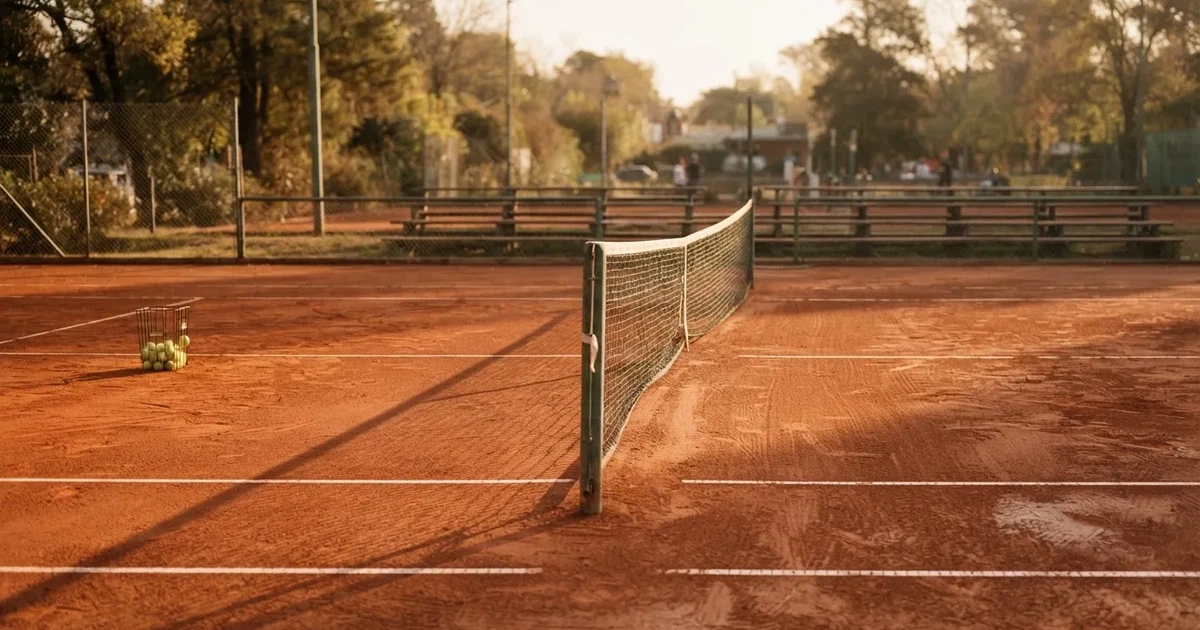 Ein Sandplatz mit frisch gezogenen Linien in der Nachmittagssonne, Netz und Ballkorb am Rand, keine Menschen.