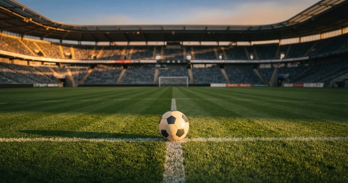 Ein Fußball liegt auf dem Anstoßpunkt eines leeren Rasenplatzes, im Hintergrund eine große Stadiontribüne im Abendlicht.