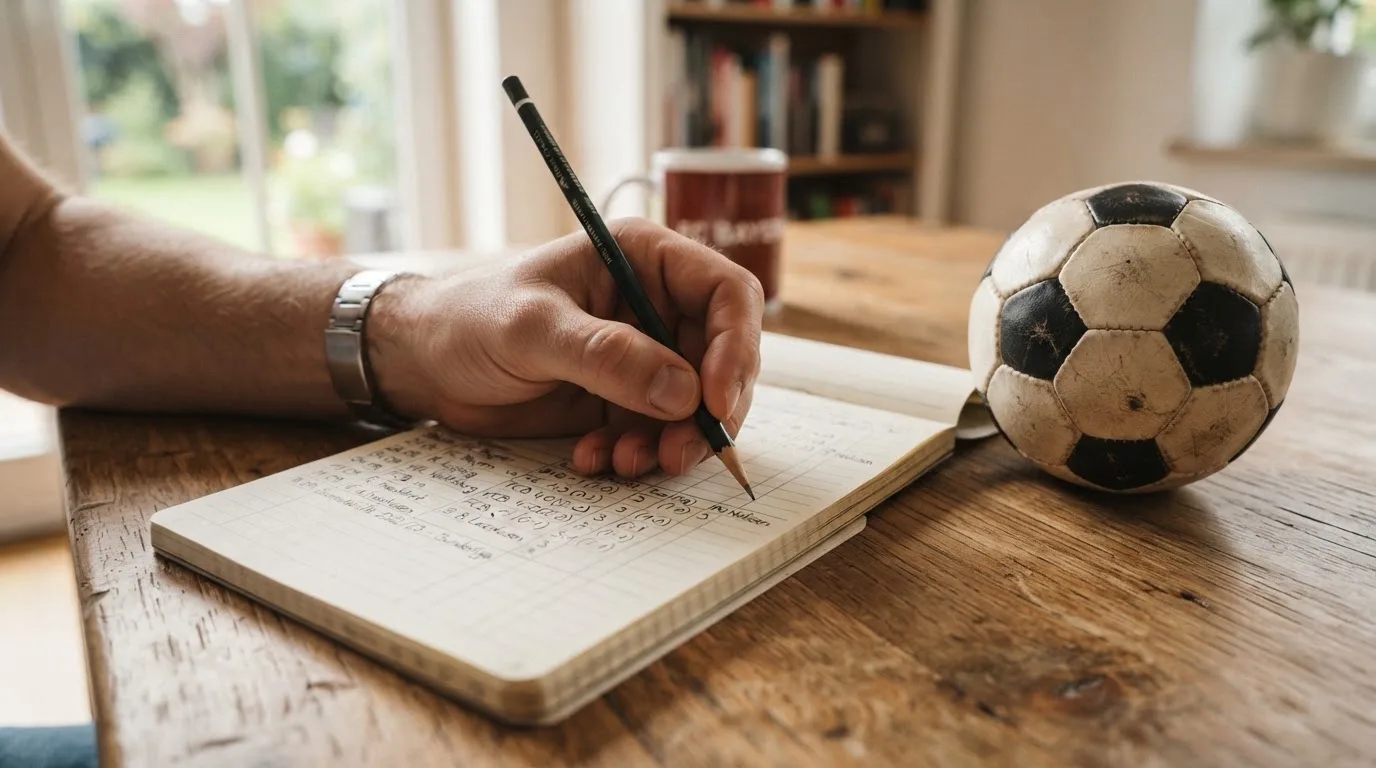 Eine Hand notiert mit Bleistift Zahlen in ein kariertes Heft, daneben liegt ein kleiner Lederfußball auf einer Holzplatte.