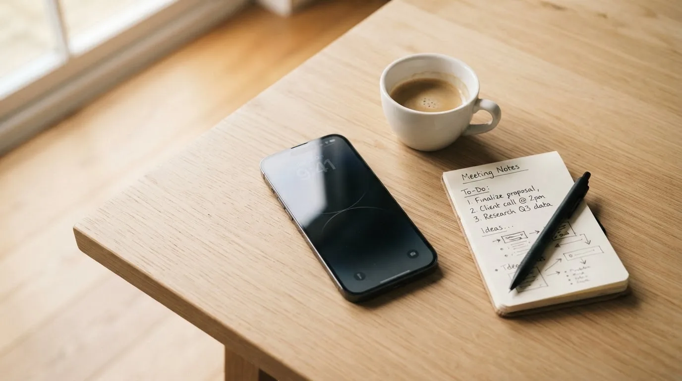 Ein Smartphone mit dunklem Display liegt neben einer Kaffeetasse und einem Notizblock auf einem hellen Tisch.