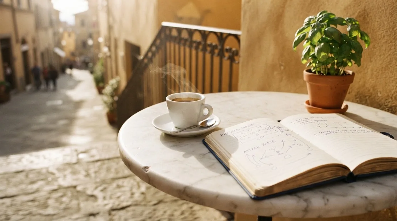 Eine Espressotasse steht auf einem kleinen Marmortisch einer Terrasse, daneben ein Notizheft mit handschriftlichen Skizzen.