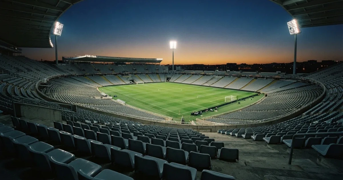 Leere Sitzreihen eines großen Stadions unter Flutlicht, dahinter die ferne Sicht auf den hell beleuchteten Rasen nach Sonnenuntergang.