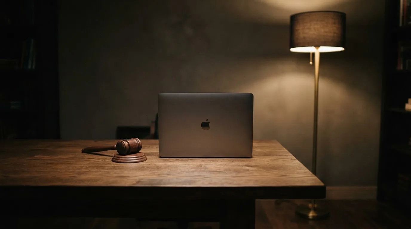 Ein Schreibtisch mit Stehlampe, einem geschlossenen Laptop und einem hölzernen Richterhammer im Halbdunkel.