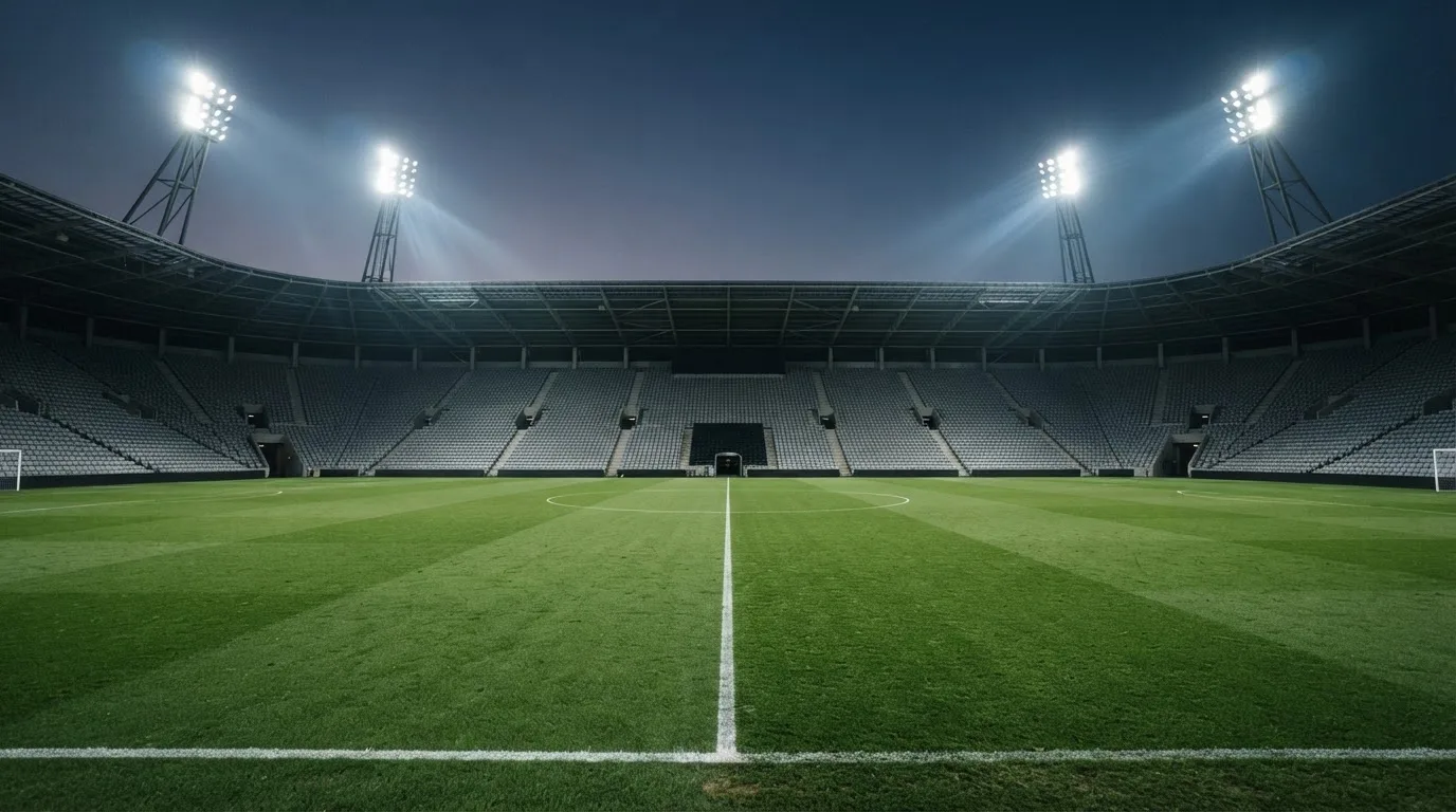 Eine leere Stadiontribüne unter Flutlicht aus der Ferne betrachtet, die Rasenfläche leuchtet grün in der Dämmerung.