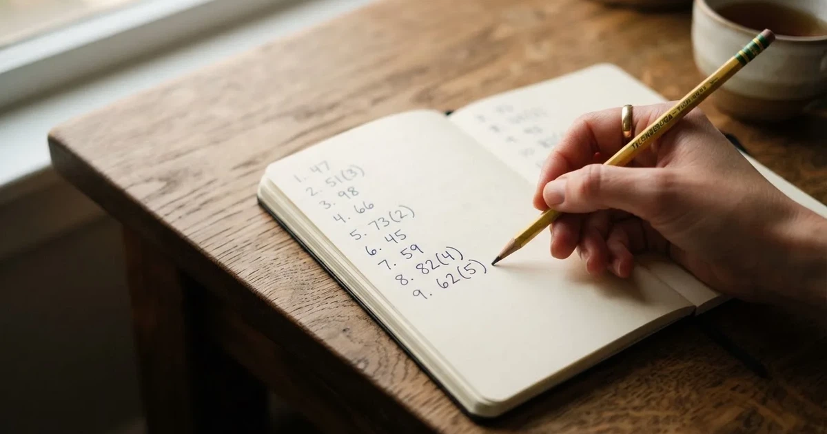 Ein aufgeschlagenes Notizbuch mit handschriftlichen Zahlenreihen und ein Bleistift liegen neben einem Taschenrechner auf einem Schreibtisch.
