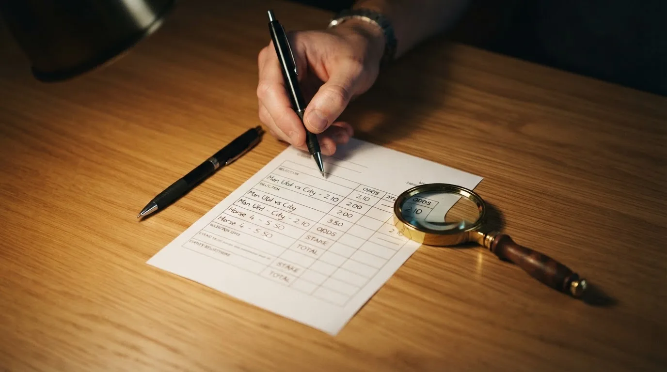 Ein leerer Wettschein aus Papier und ein Kugelschreiber liegen auf einem Schreibtisch neben einer Lupe.