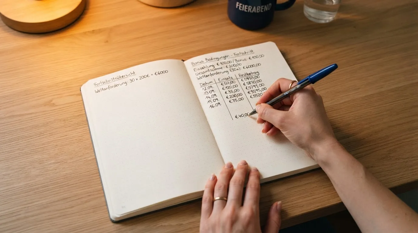 Ein Notizbuch mit handschriftlichen Rechnungen und ein Taschenrechner liegen auf einem aufgeräumten Schreibtisch in warmem Licht.