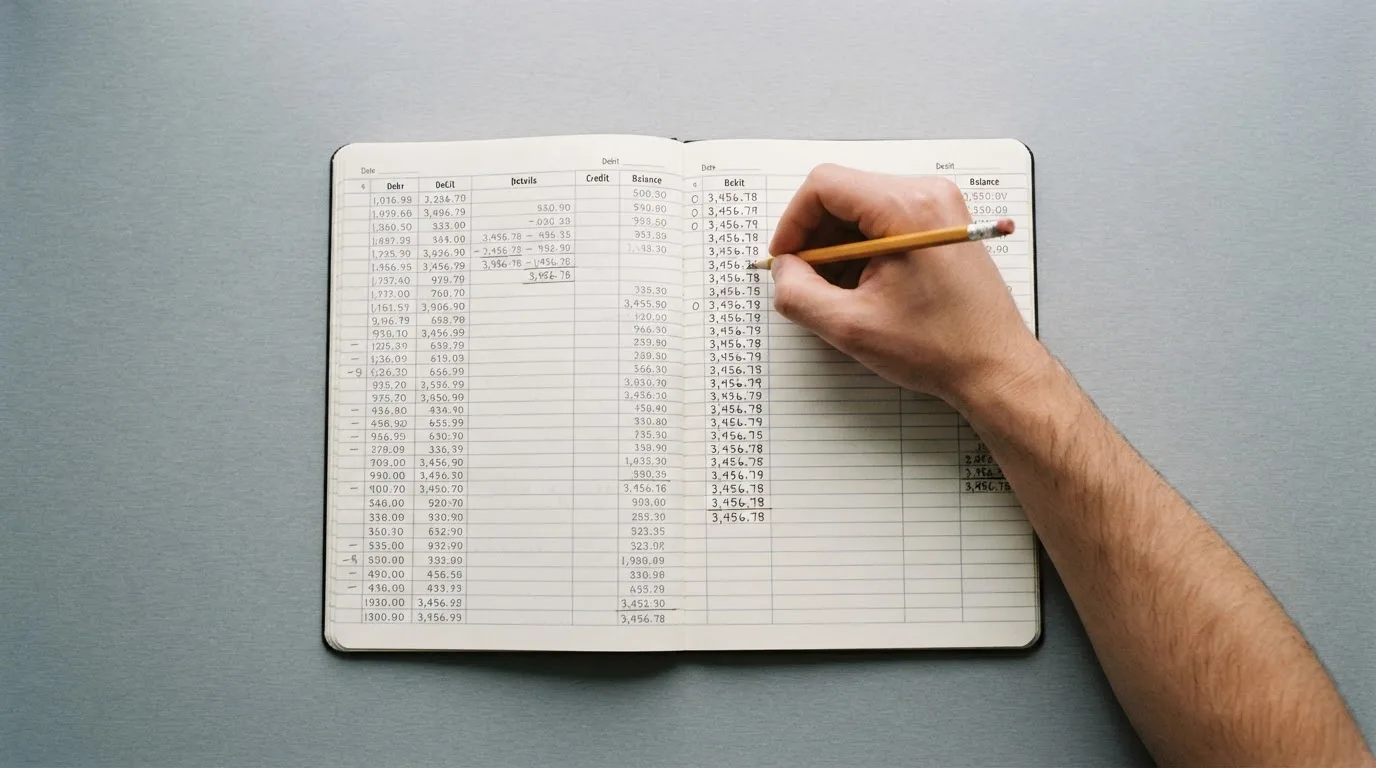 Ein Taschenrechner, ein Bleistift und ein Block mit handschriftlichen Zahlenreihen liegen auf einer grauen Arbeitsfläche.