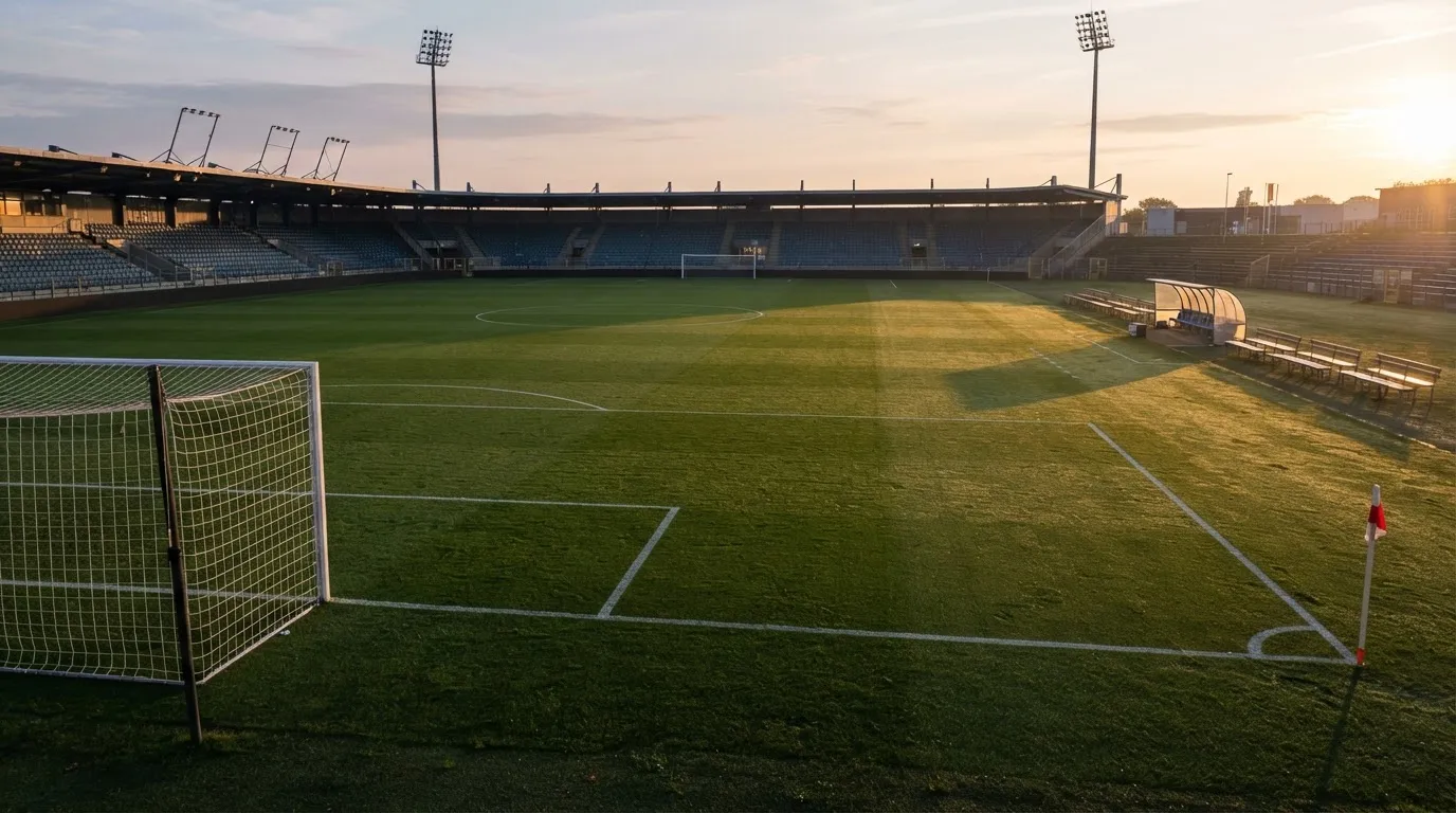 Ein Fußballplatz mit frisch gezogenen Kreidelinien im ersten Morgenlicht, leere Ersatzbänke am Spielfeldrand.