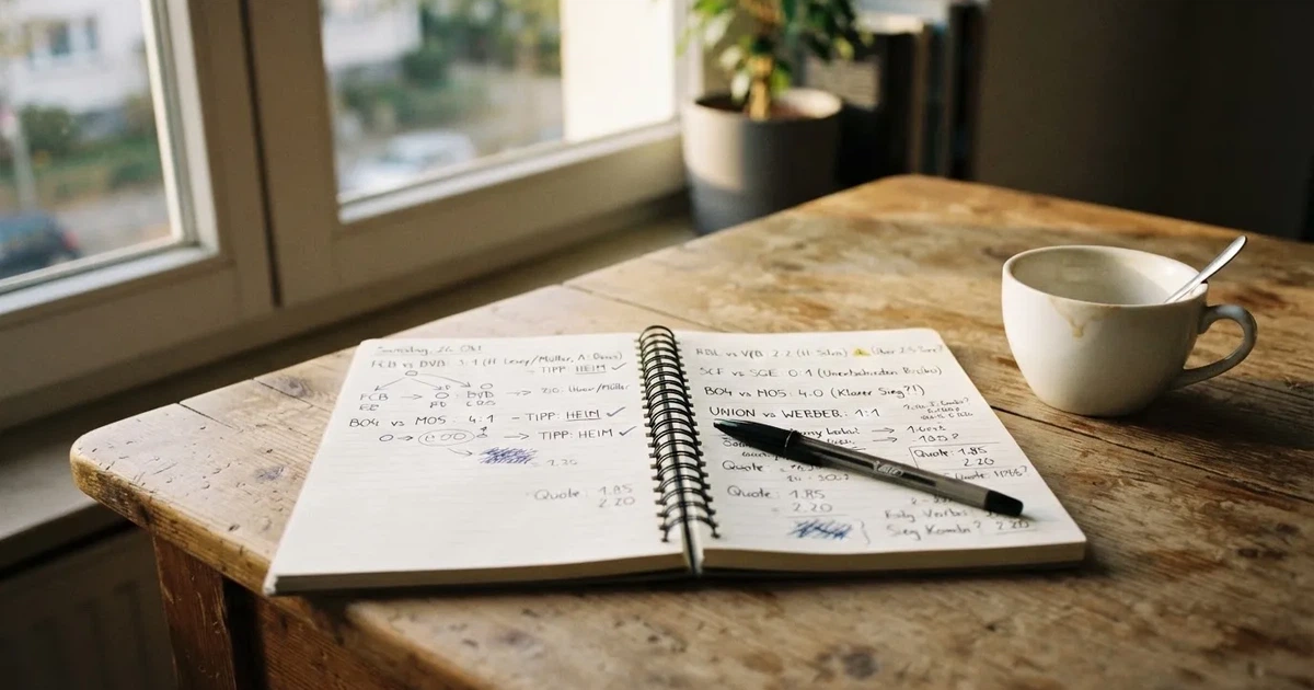 Ein aufgeklapptes Notizbuch mit handschriftlichen Pfeilen und Kreuzen liegt neben einem Kugelschreiber und einem Becher Kaffee auf einem Tisch am Fenster.
