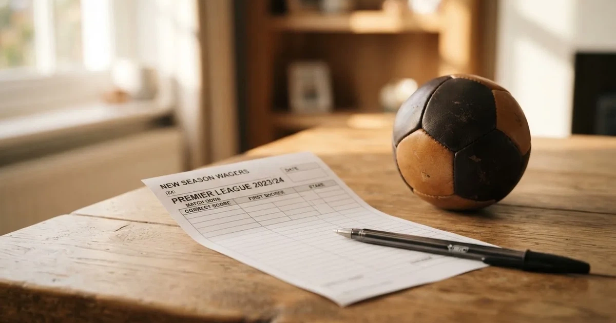 Ein leerer Papier-Wettschein und ein Kugelschreiber liegen neben einem kleinen Fußball auf einem Holztisch, weiches Fensterlicht.