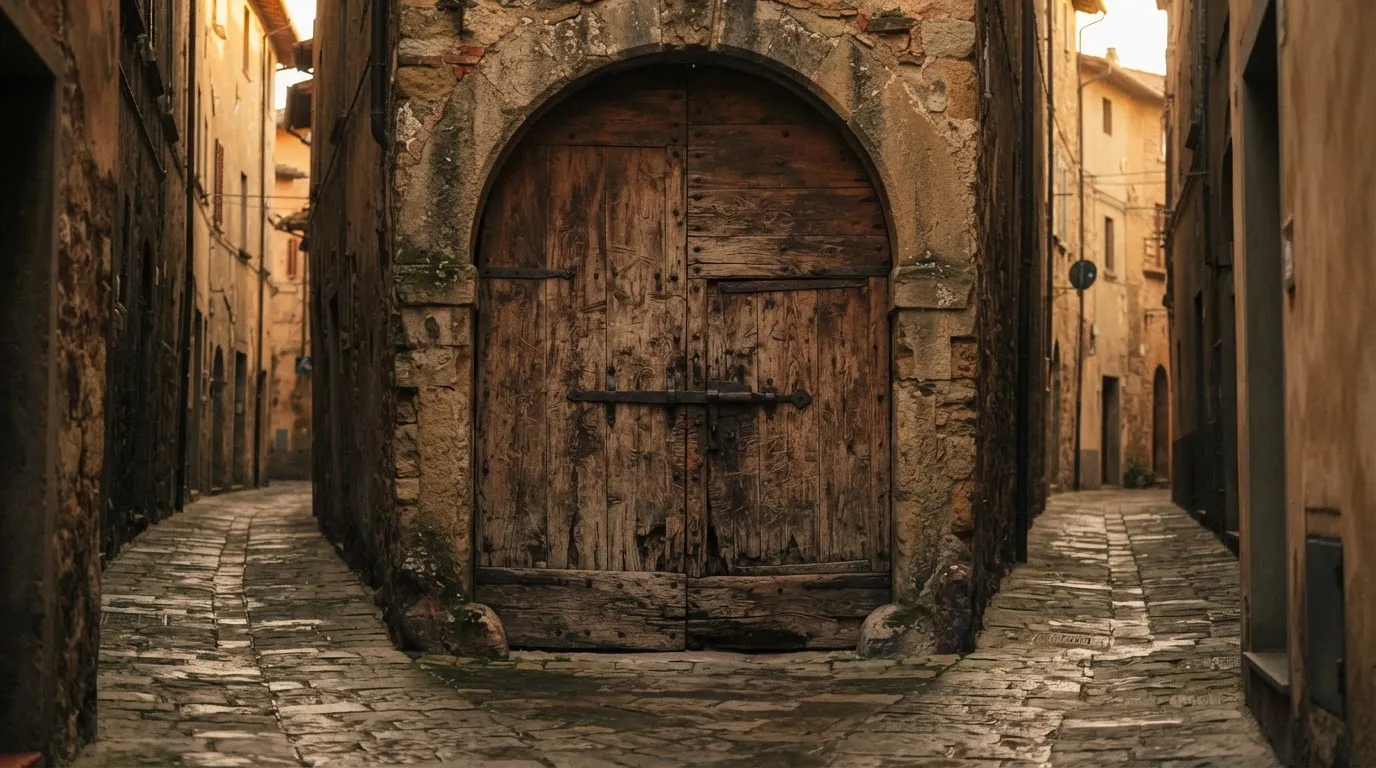 Ein massives Holztor mit eisernem Riegel steht in einer ruhigen Gasse im Morgenlicht.