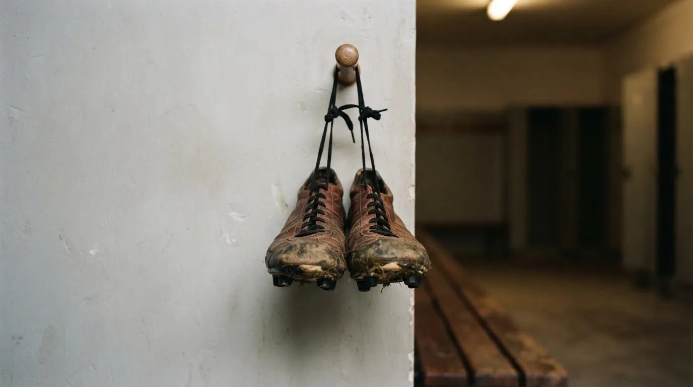 Ein Paar Fußballschuhe hängt an den Schnürsenkeln an einem Holzhaken in einer leeren Umkleidekabine.