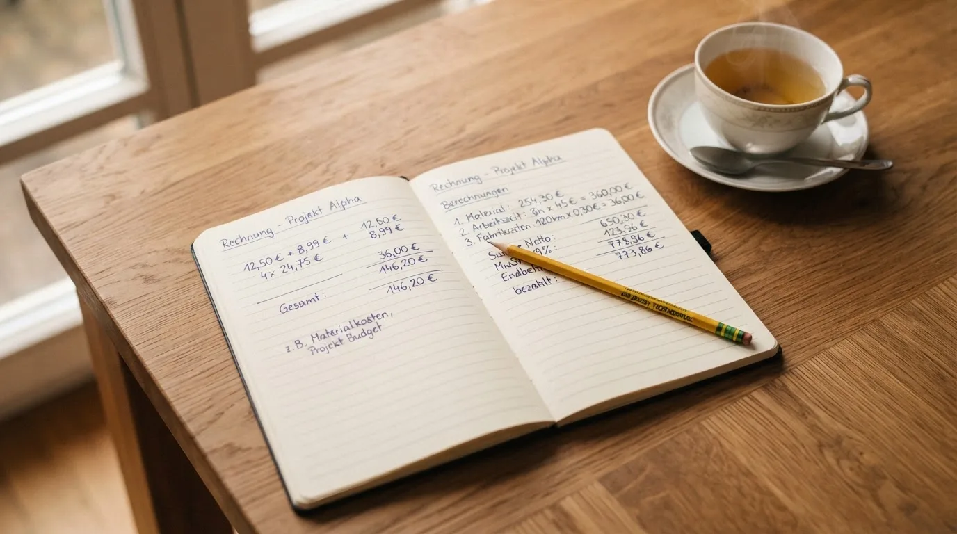 Ein Schreibtisch mit Taschenrechner, Bleistift und einem Block voller handschriftlicher Rechnungen, daneben eine Tasse Tee.