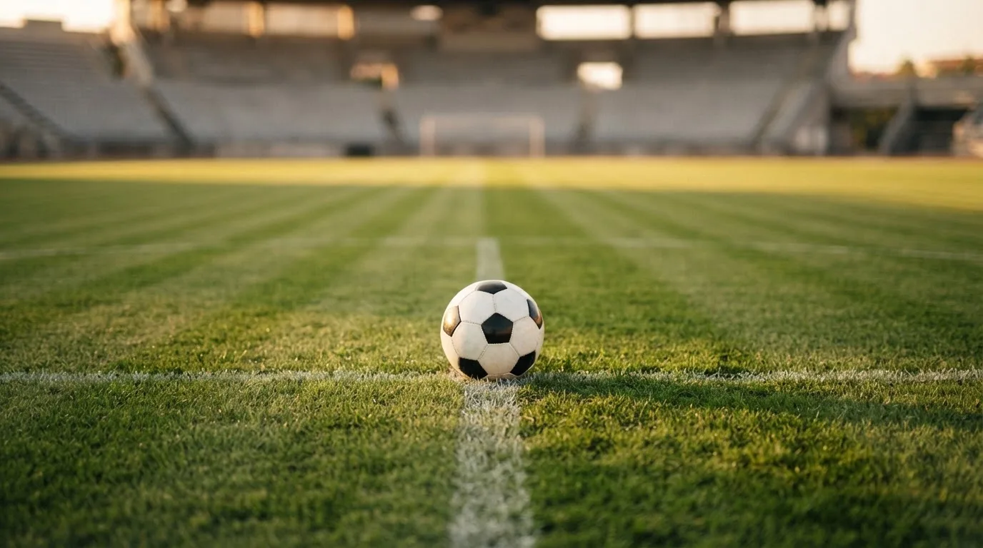 Ein Fußball liegt auf dem Rasen im Mittelkreis, die Kreidelinien führen scharf ins Bild, dahinter verschwimmt eine Tribüne.