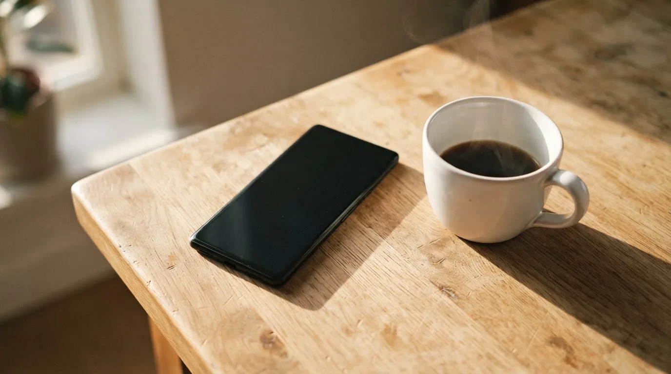 Ein Smartphone mit dunklem Display liegt neben einer Kaffeetasse auf einem Holztisch im Licht eines Fensters.
