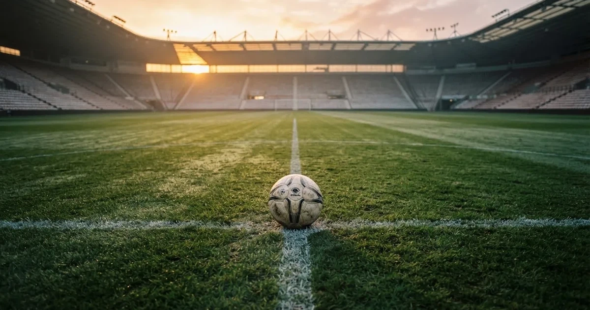 Ein Fußball liegt auf dem Mittelkreis eines Stadionrasens am frühen Morgen, im Hintergrund leere Ränge ohne erkennbare Beschriftung.