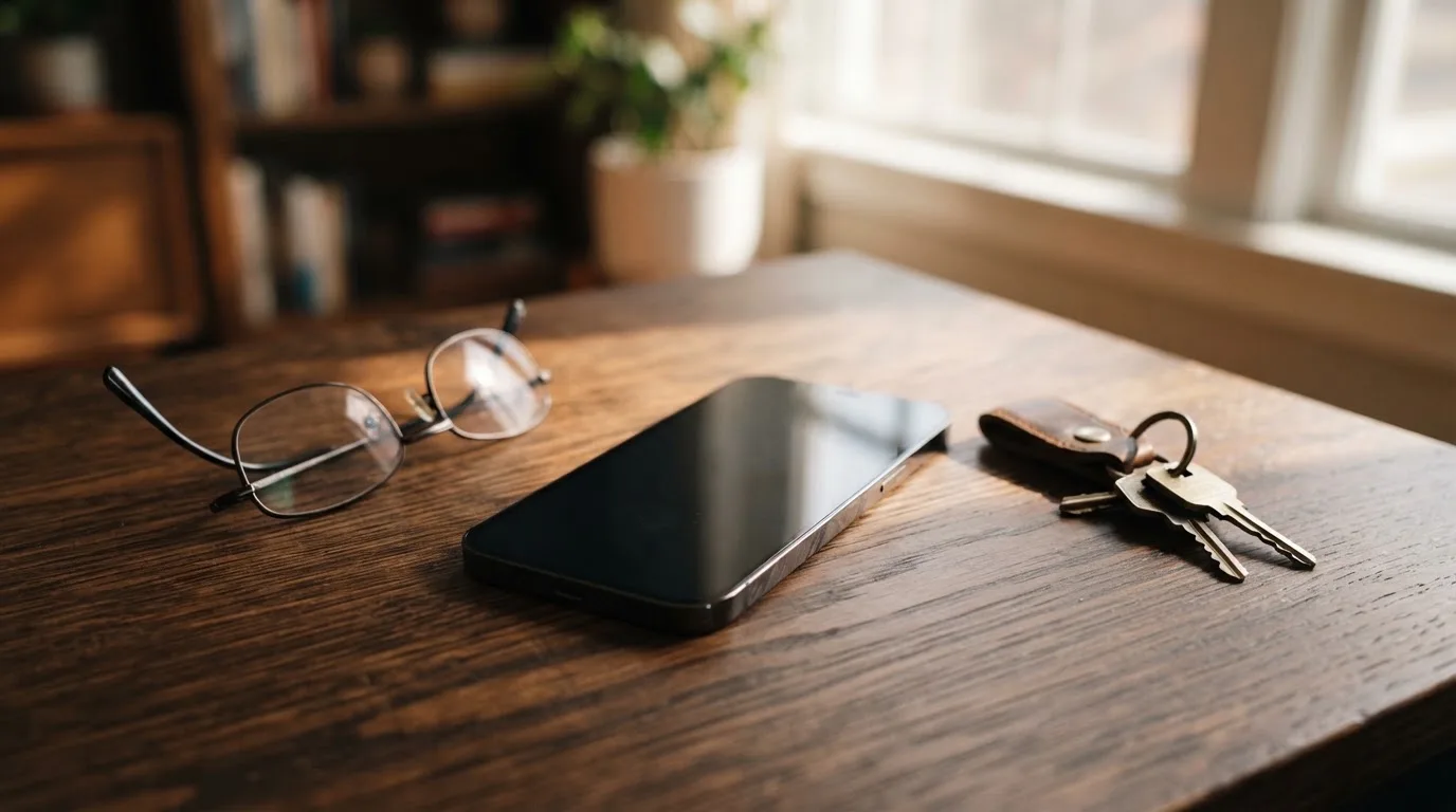 Ein Smartphone liegt mit dunklem Display auf einem Holztisch neben einem Schlüsselbund und einer Brille im Licht eines Fensters.
