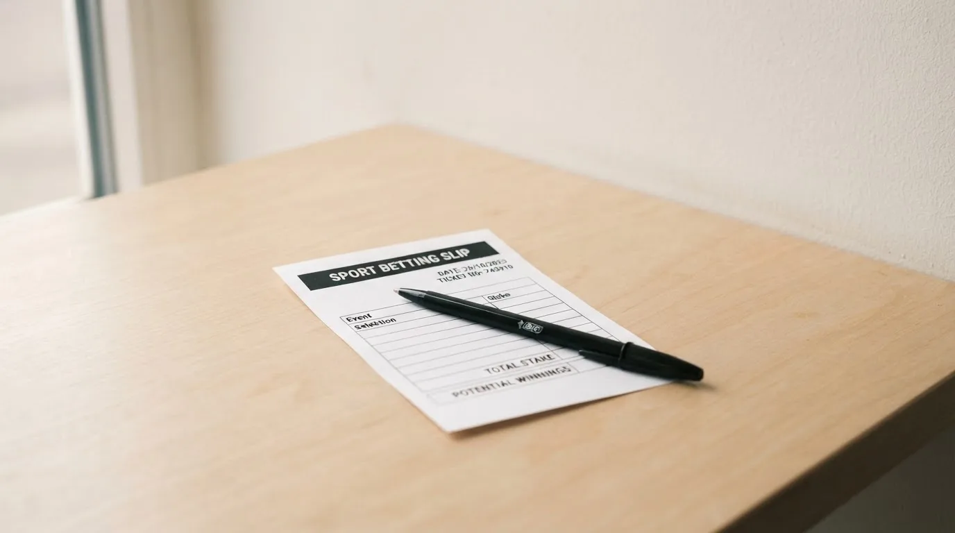 Ein leerer Papier-Wettschein und ein Kugelschreiber liegen auf einer Theke aus hellem Holz im Tageslicht.