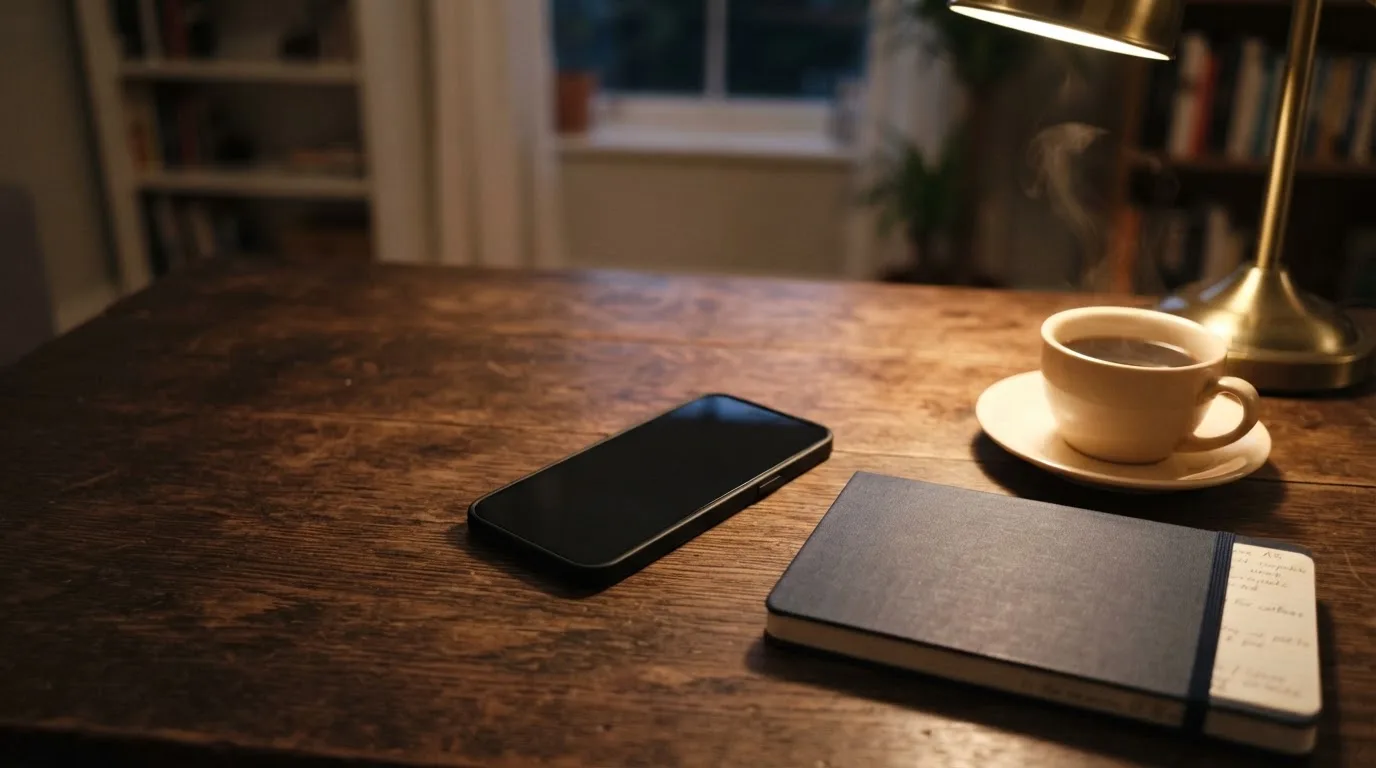 Ein Smartphone liegt mit dunklem Display auf einem Schreibtisch neben einem Notizbuch und einer Kaffeetasse.