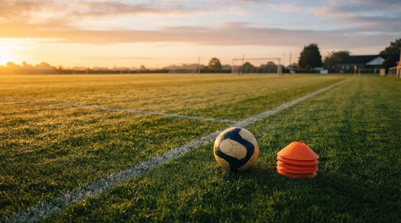 Ein Fußball liegt auf einem Rasenplatz bei Sonnenaufgang, daneben ein kleiner Stapel Trainingshütchen.