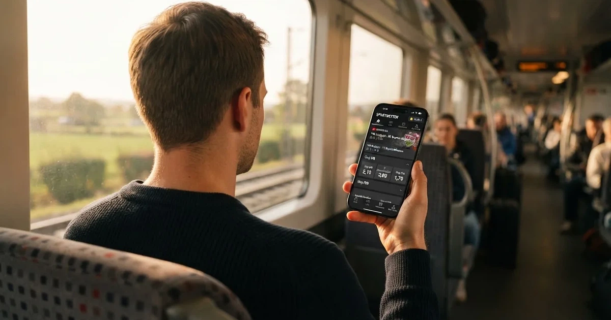 Eine Hand hält ein Smartphone mit dunklem Display in einem Zug, am Fenster ziehen verschwommen Felder vorbei.