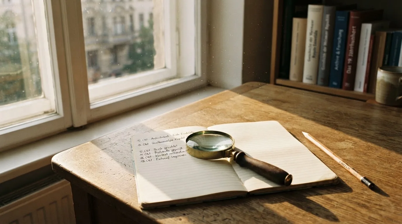 Ein schmaler Schreibtisch am Fenster mit einem Notizbuch, einer Lupe und einem Bleistift im Morgenlicht.